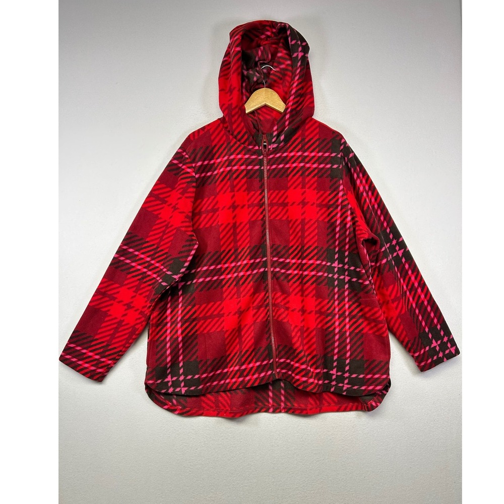 Cabincore d & co. ACTIVE Womens 2X‎ Red Plaid Fleece Full Zip Hooded Jacket